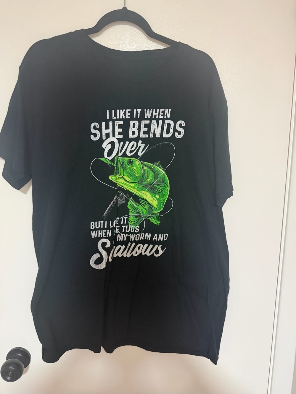 Black Fishing Graphic Tee with Green Bass Illustration